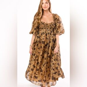 Harlow Camel & Black Floral Maxi Dress with Stretchy Neckline - Bump Friendly